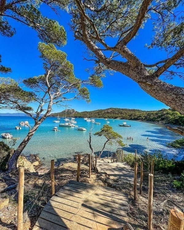Eaux turquoise et pins vus depuis un ponton en bois, bateaux au mouillage