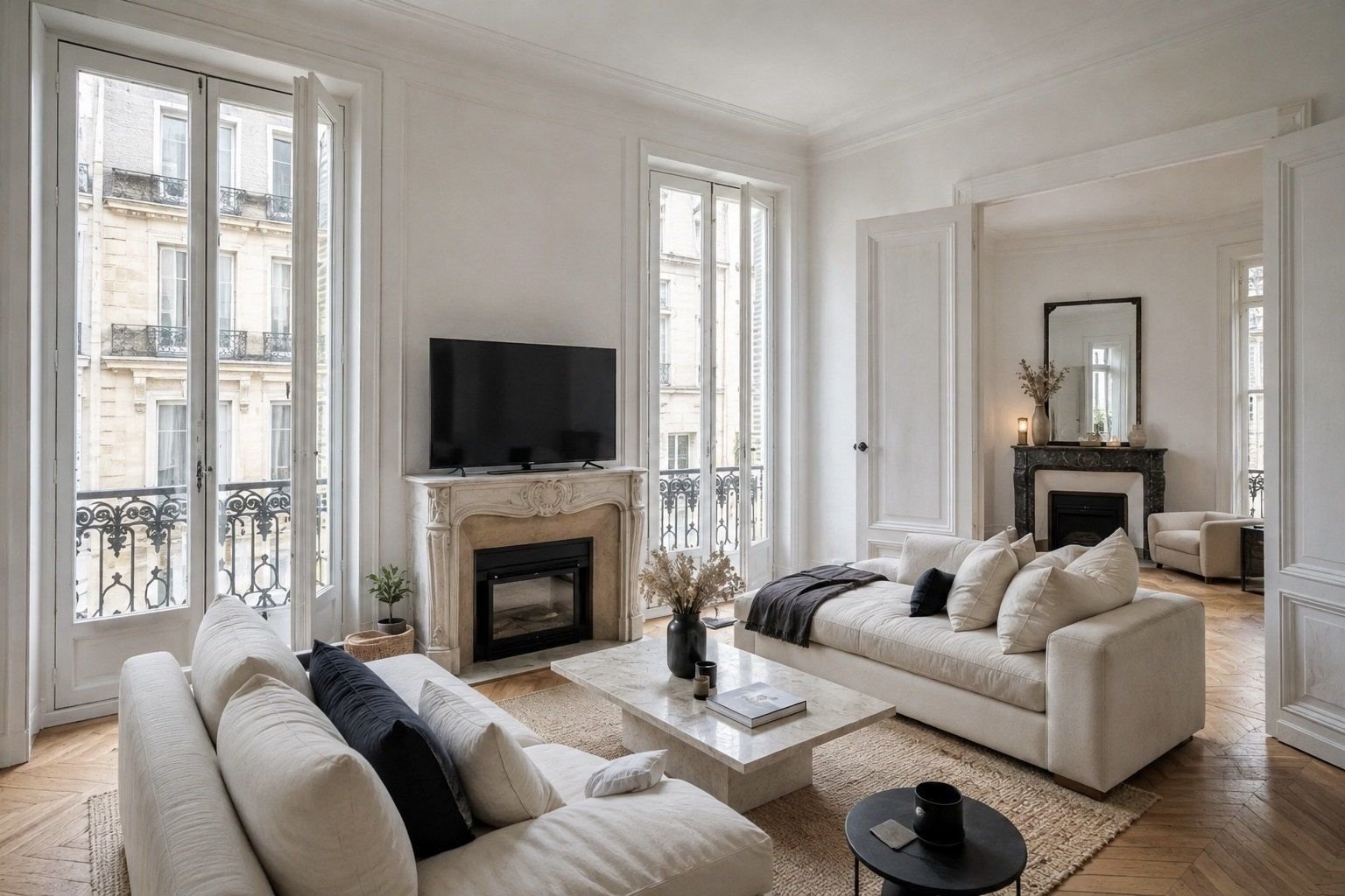 Salon d’un appartement haussmannien à Bordeaux, grandes fenêtres et parquet