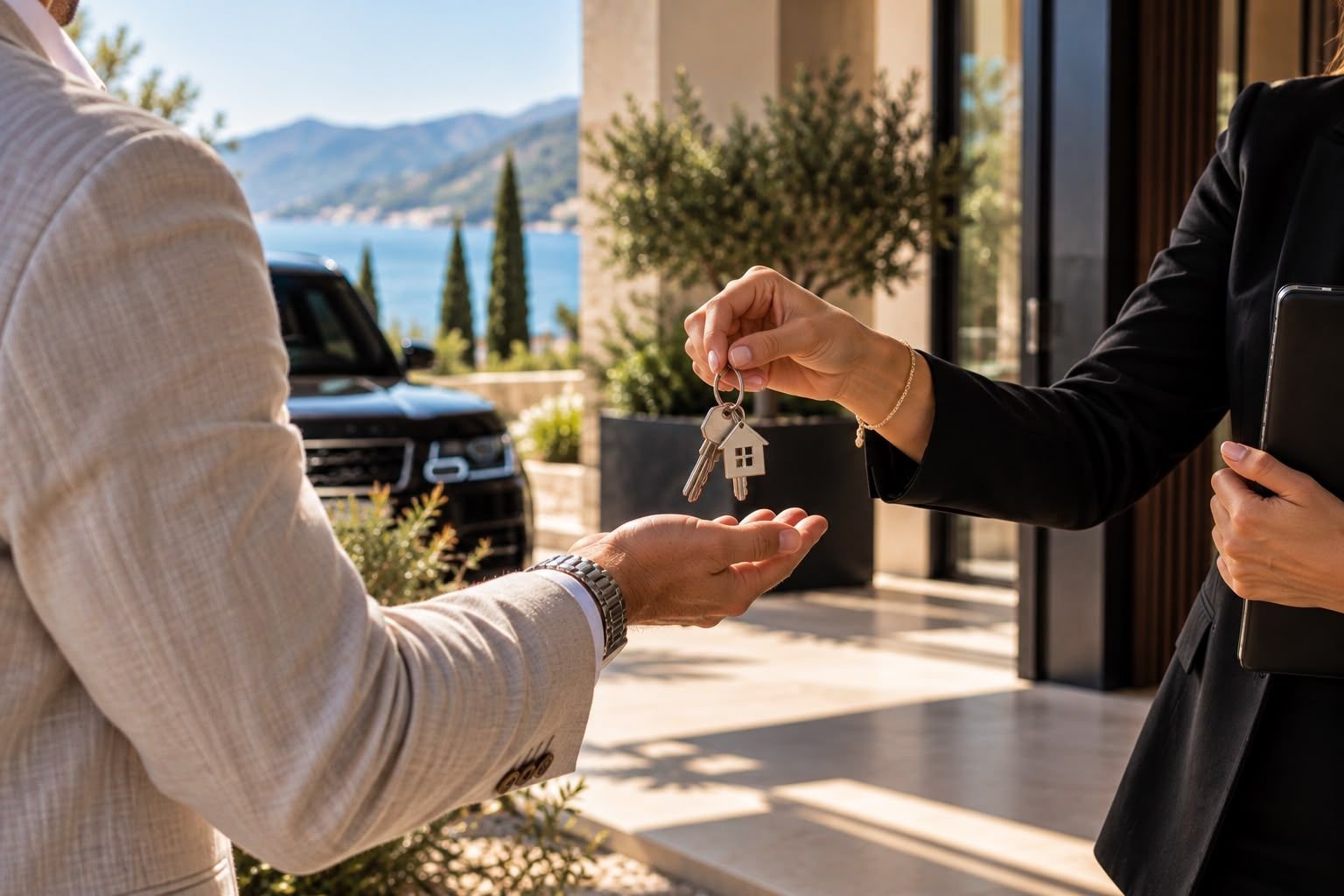 Remise des clés en main propre devant l’entrée d’une propriété